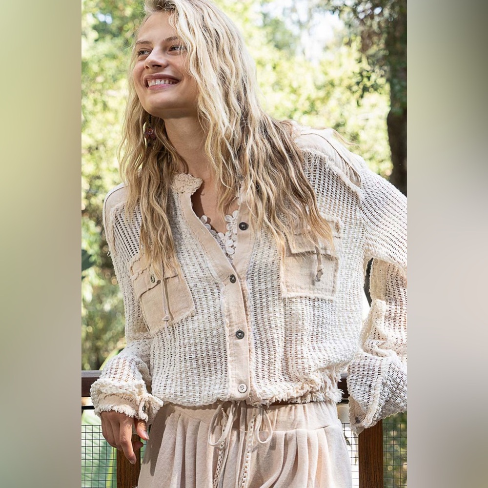 Open Knit Contrast Hooded Shacket with Frayed Edges - POL